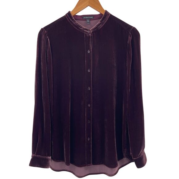 Eileen Fisher Silk Blend Velvet Band Collar Long Shirt Easy Fit Long Length XS - Picture 2 of 11